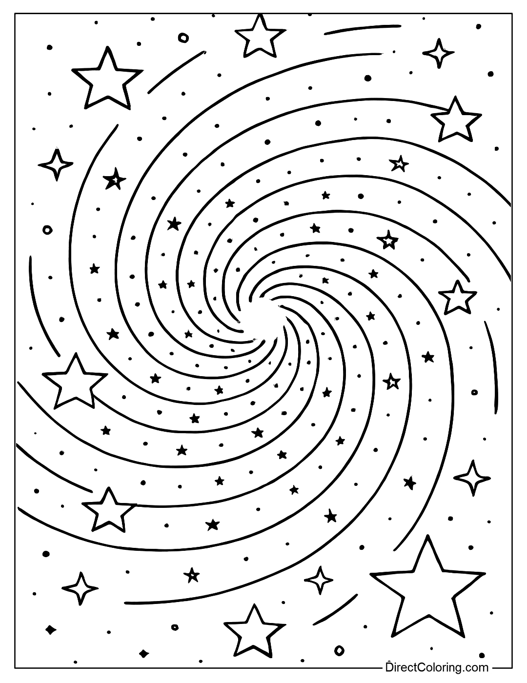 A brilliant galaxy coloring page with thousands of stars swirling around the center